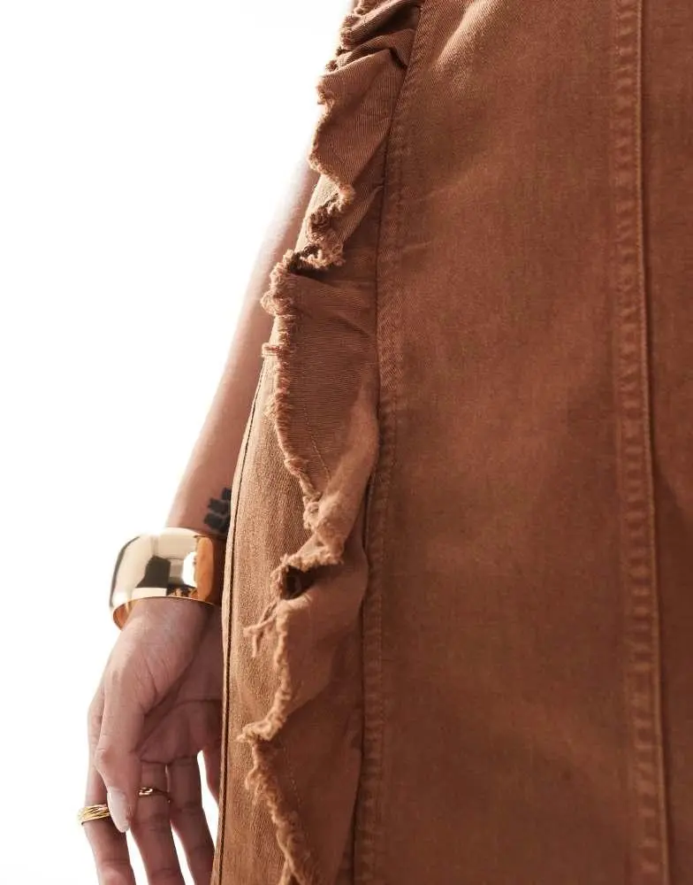 ASOS ASOS DESIGN washed twill midi dress with raw edge and asymmetric hem in chocolate 2