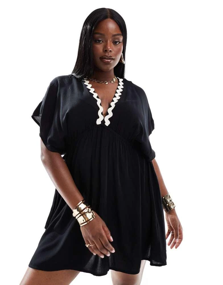 ASOS ASOS DESIGN Curve Faye flutter sleeve mini beach dress with channelled  tie waist in black - Dresses & Skirts - BeyondStyle