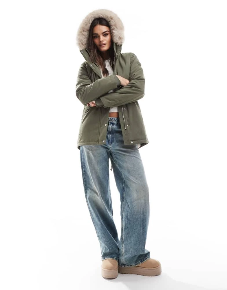 HOLLISTER Hollister teddy faux fur lined hooded parka jacket in dusty olive 4