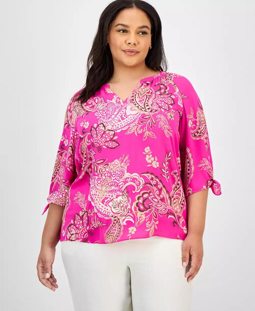 JONES NEW YORK Plus Size Paisley-Print Tie-Sleeve Blouse