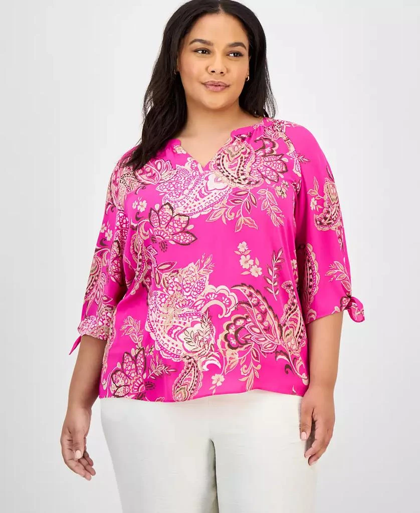 JONES NEW YORK Plus Size Paisley-Print Tie-Sleeve Blouse 1
