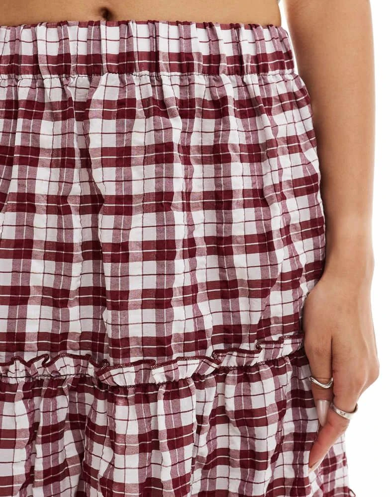Bershka Bershka tiered maxi skirt in burgundy check 5