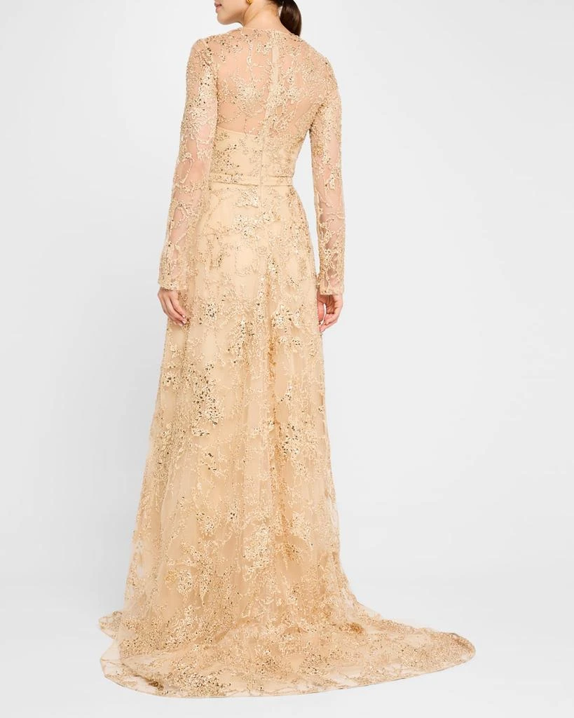 Pamella Roland Sequin Embroidered Tulle Long-Sleeve Illusion Gown 3