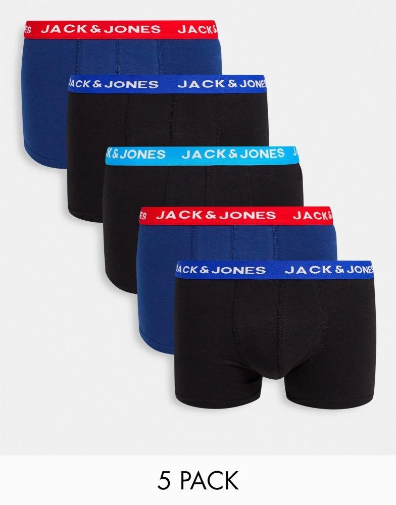 Jack 
Jones Jack 
Jones 5 pack trunks with contrast waistband in black and blue