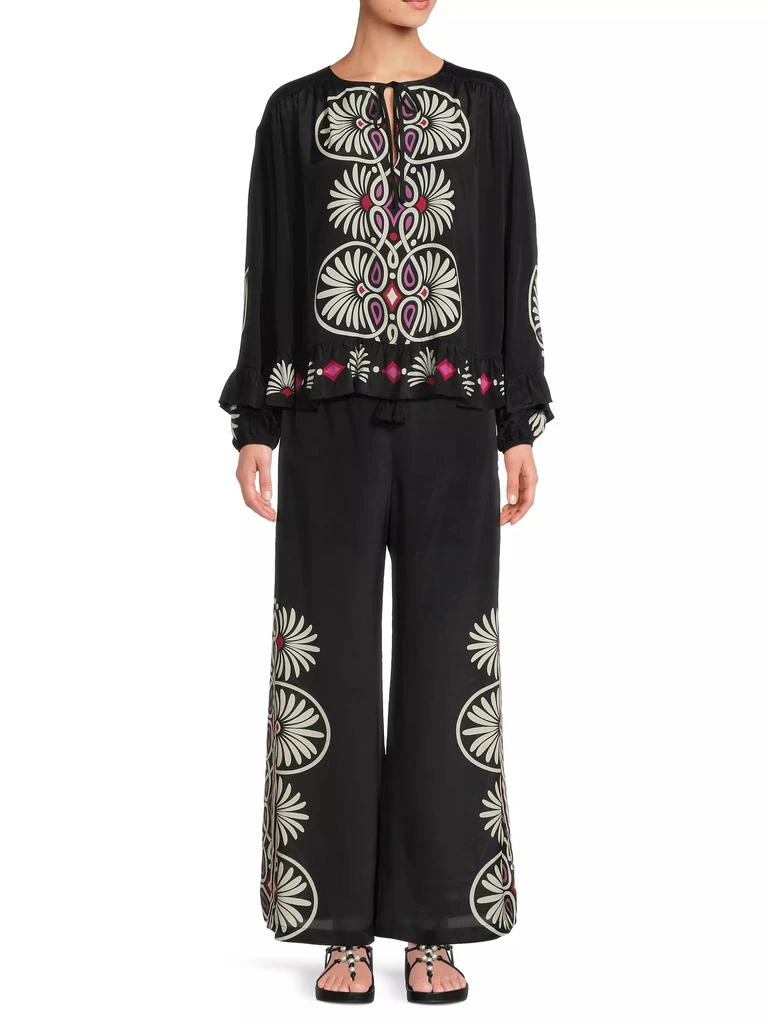 Johnny Was Madelyn Geometric Ruffled Tie-Neck Blouse 2