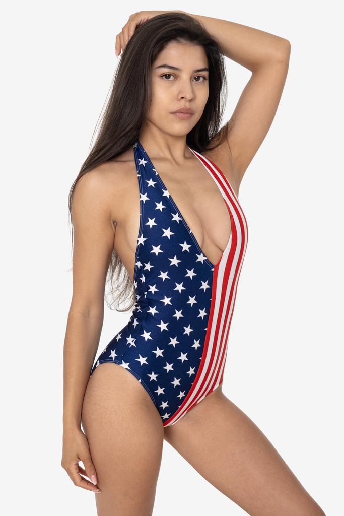 Los Angeles Apparel RNT342P - Printed 2-Tone Halter One Piece