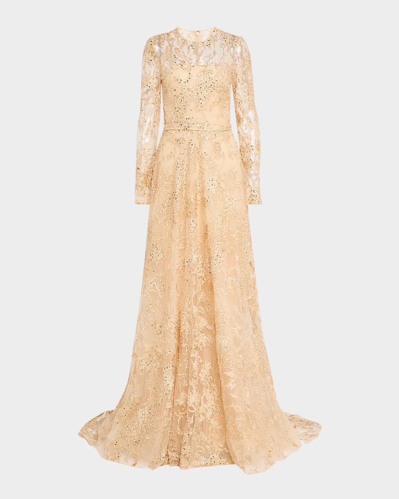Pamella Roland Sequin Embroidered Tulle Long-Sleeve Illusion Gown