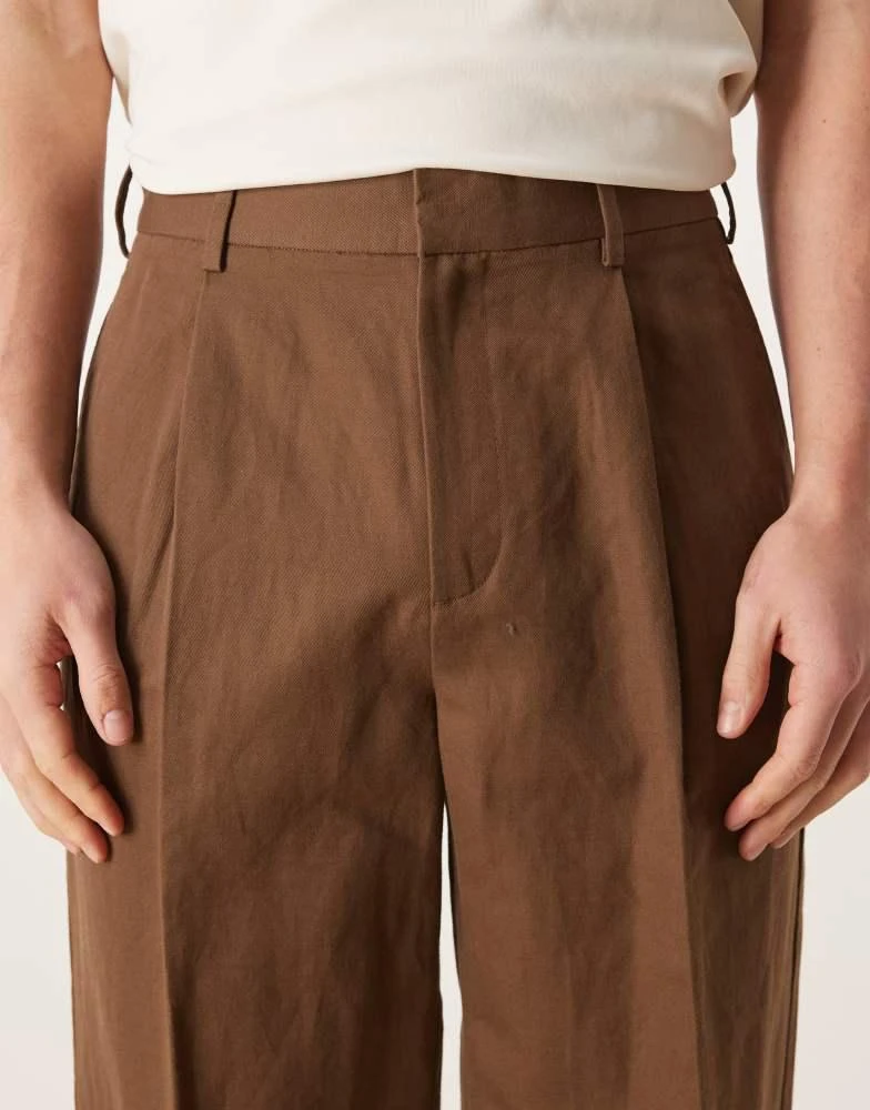 ASOS ASOS DESIGN smart pleated linen rich wide leg trousers in dark brown 4