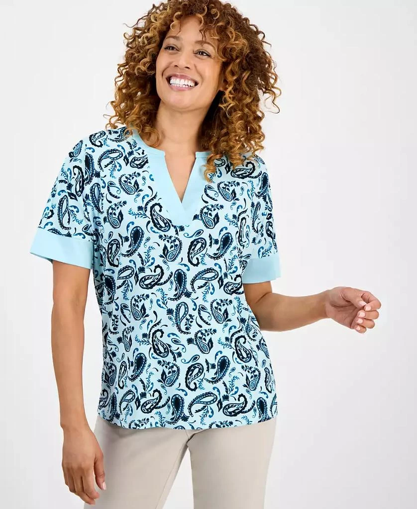 JM Collection Women
s Printed Short-Sleeve Satin-Trim Top, Exclusively at Macy
s