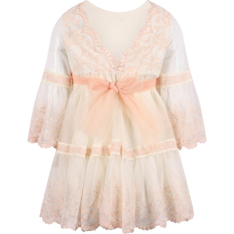 Abel & Lula Embroidered tulle dress with scalloped hem in salmon cream