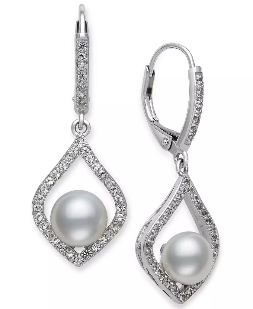 Belle de Mer Cultured Freshwater Pearl (7mm) & Cubic Zirconia Drop Earrings in Sterling Silver