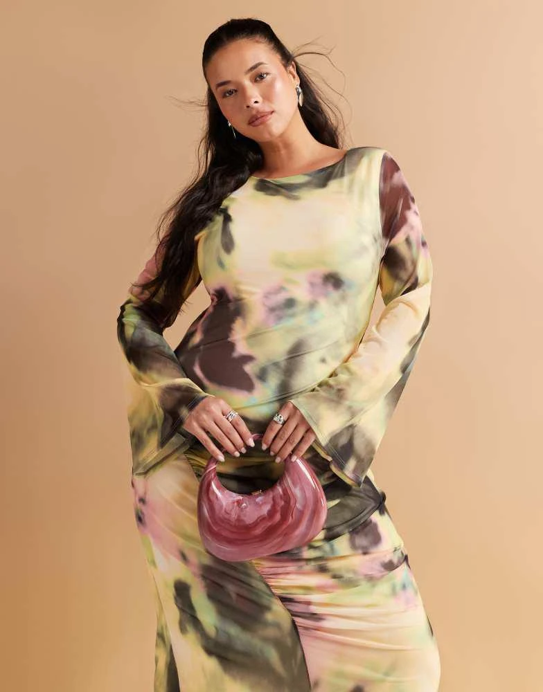 Shop ASOS DESIGN Curve long sleeve mesh maxi dress with double tie back in green  and yellow print on Sale at BeyondStyle  Get 60% Off ASOS DESIGN Curve  long sleeve mesh