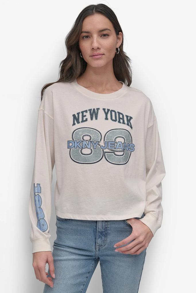DKNY 89 MULTI COLOR RHINESTONE LOGO LONG TEE