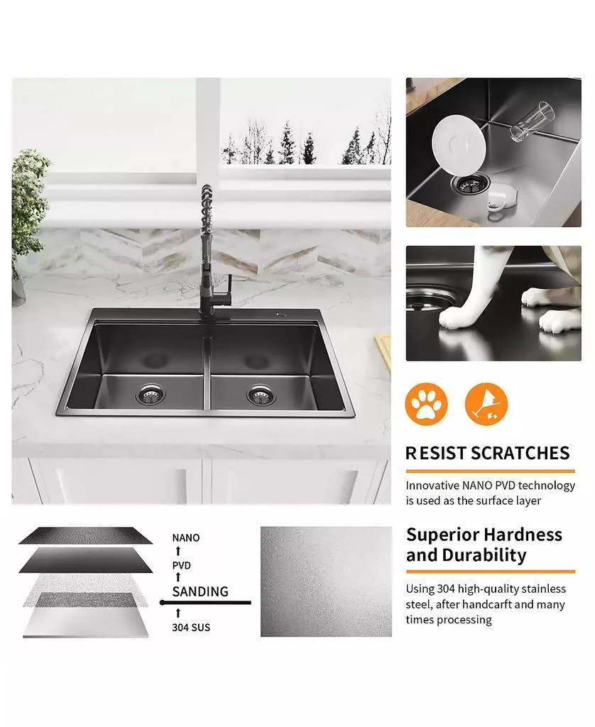 Flynama 33inch Gunmetal Black Topmount Workstation Kitchen Sink 16 Gauge Stainless Steel Double Bowl 2