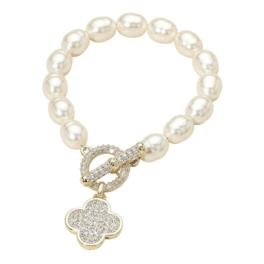 FASHNZFAB 14K Gold Plated CZ Stone Paved Quatrefoil Charm Accent Pearl Beaded Stretch Toggle Bracelet 2