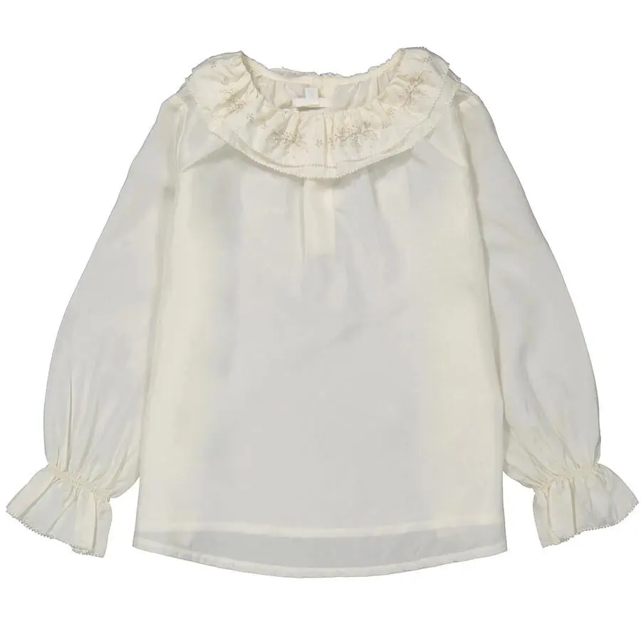 Bonpoint Kids White Lait Jaya Ruffle-Trim Silk Blouse