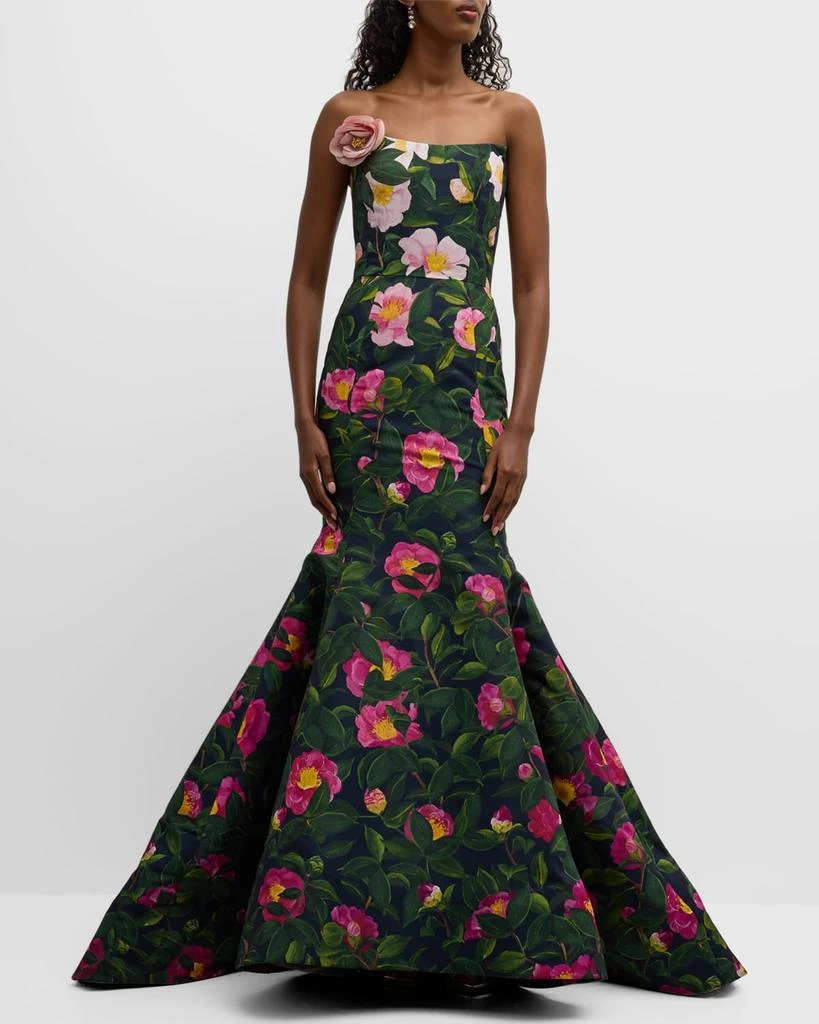 Oscar de la Renta Strapless Flower-Applique Camellia Faille Mermaid Gown 3