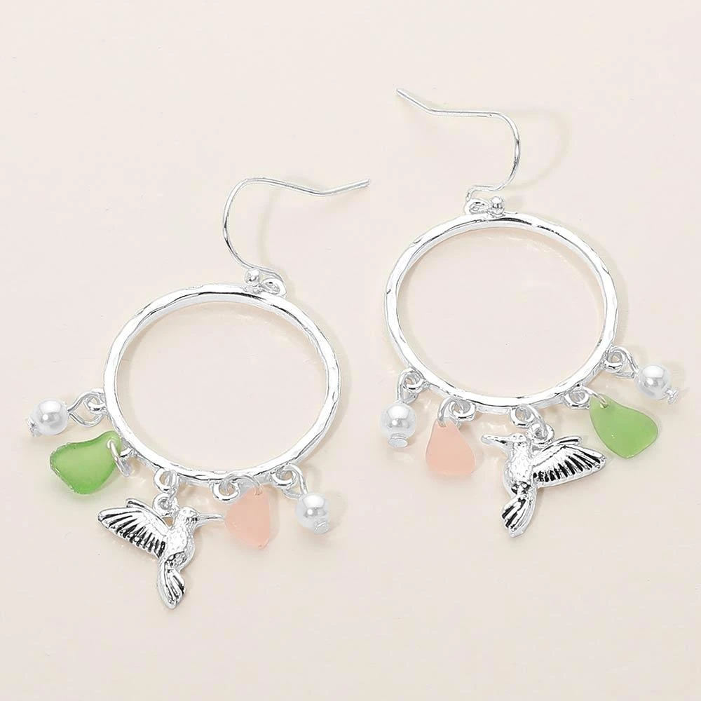 FASHNZFAB Hummingbird Sea Glass Charm Drop Open Ring Dangle Earrings