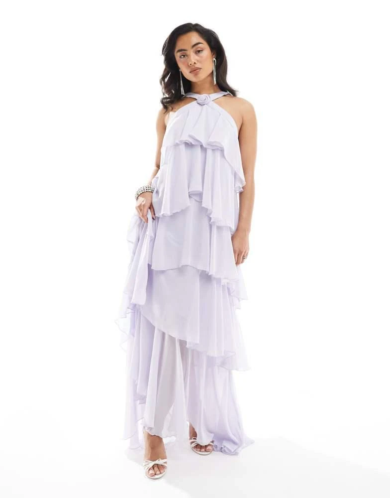 VERO MODA Vero Moda Felicia halter neck tiered maxi dress with corsage detail in lilac 1
