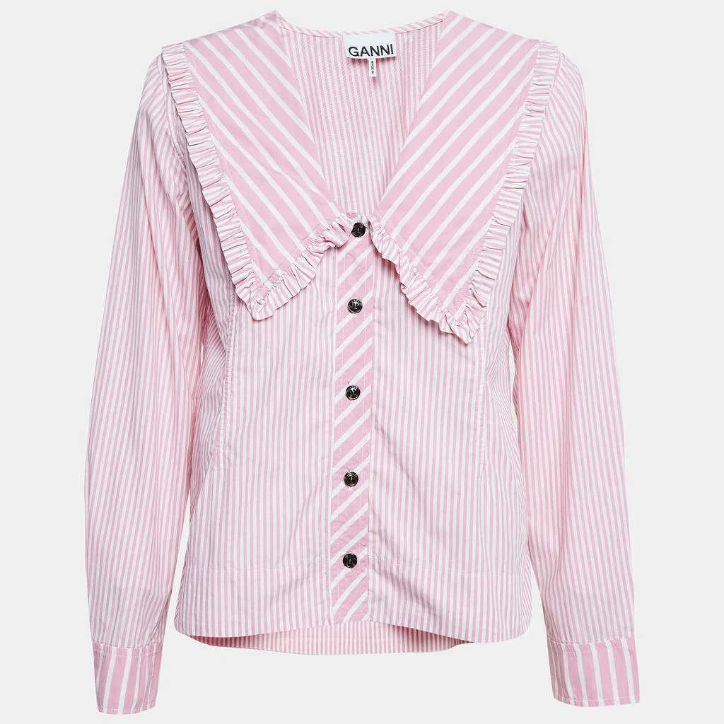 Ganni Ganni Pink/White Stripe Cotton Ruffled Collar Shirt M 1
