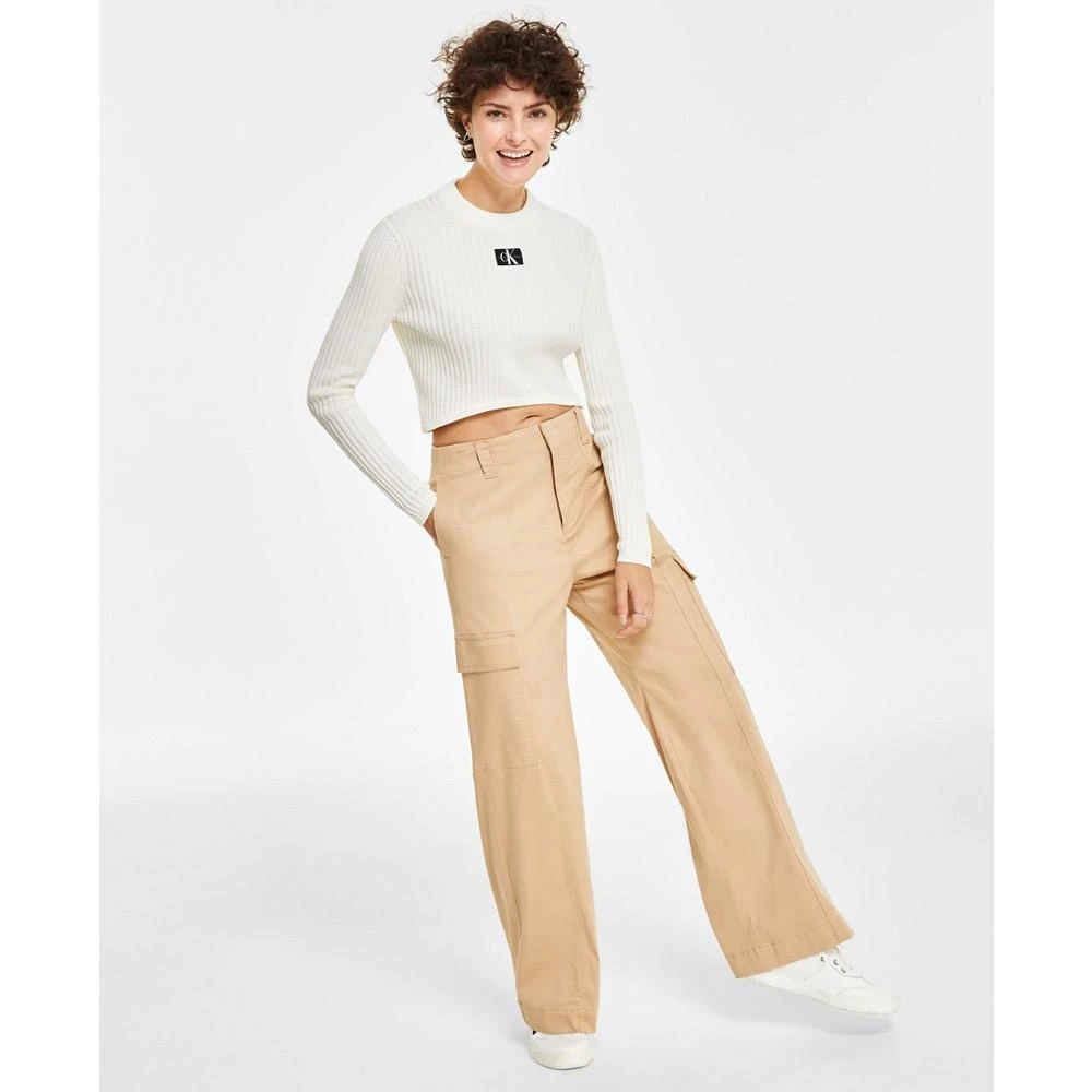 Calvin Klein Jeans Women's Cotton Logo Cropped Long Sleeve High Crew Neck Top 5