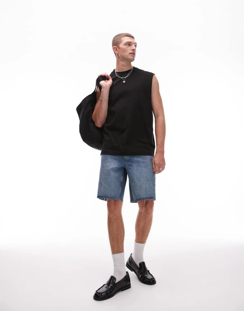 Topman Topman denim straight leg short with raw hem in mid blue wash 1