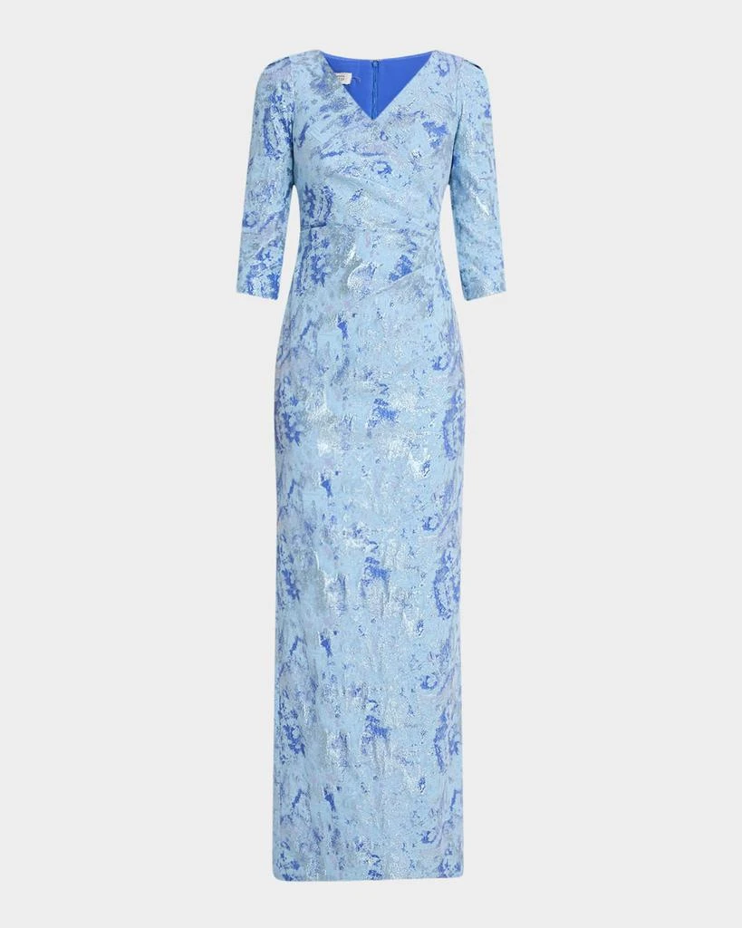 Teri Jon Pleated Metallic Jacquard Column Gown 1