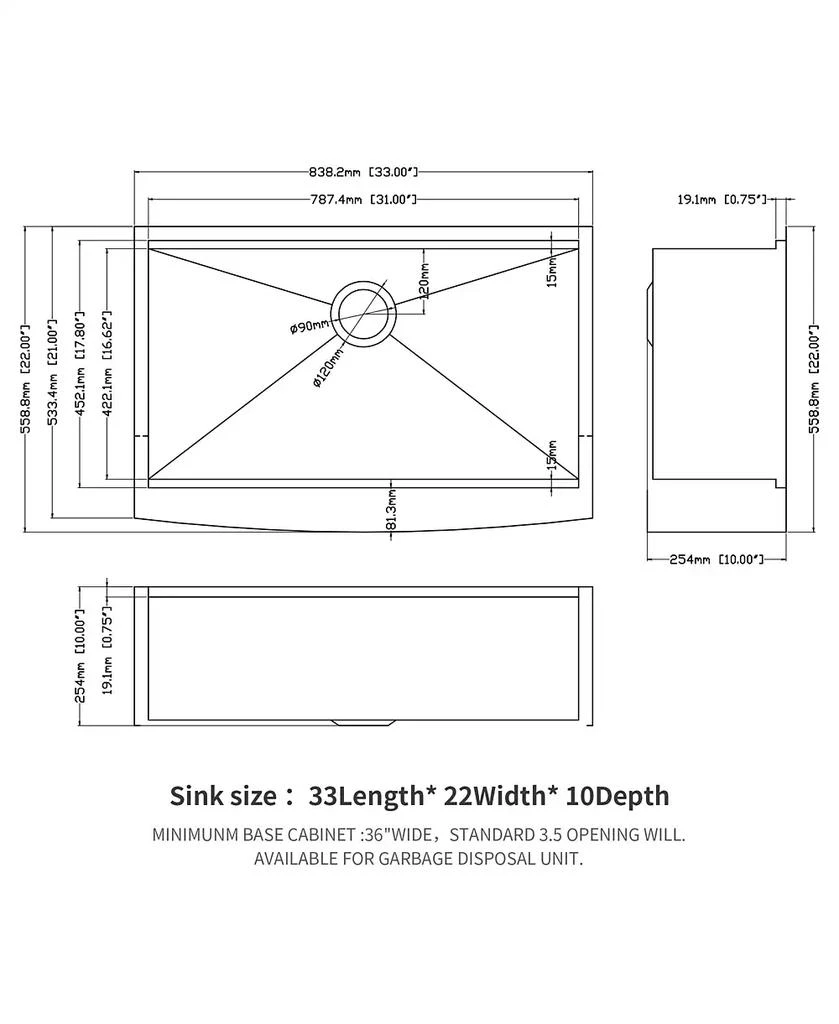 Flynama huluwat 33x22x10inch Stainless Steel Farmhouse Kitchen Sink Apron Front Workstation 16 Gauge 7