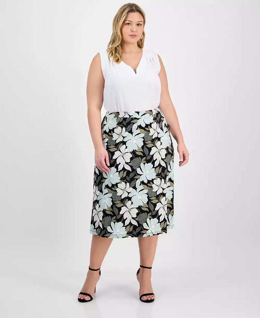 Kasper Plus Size Floral-Print Pull-On Midi Skirt