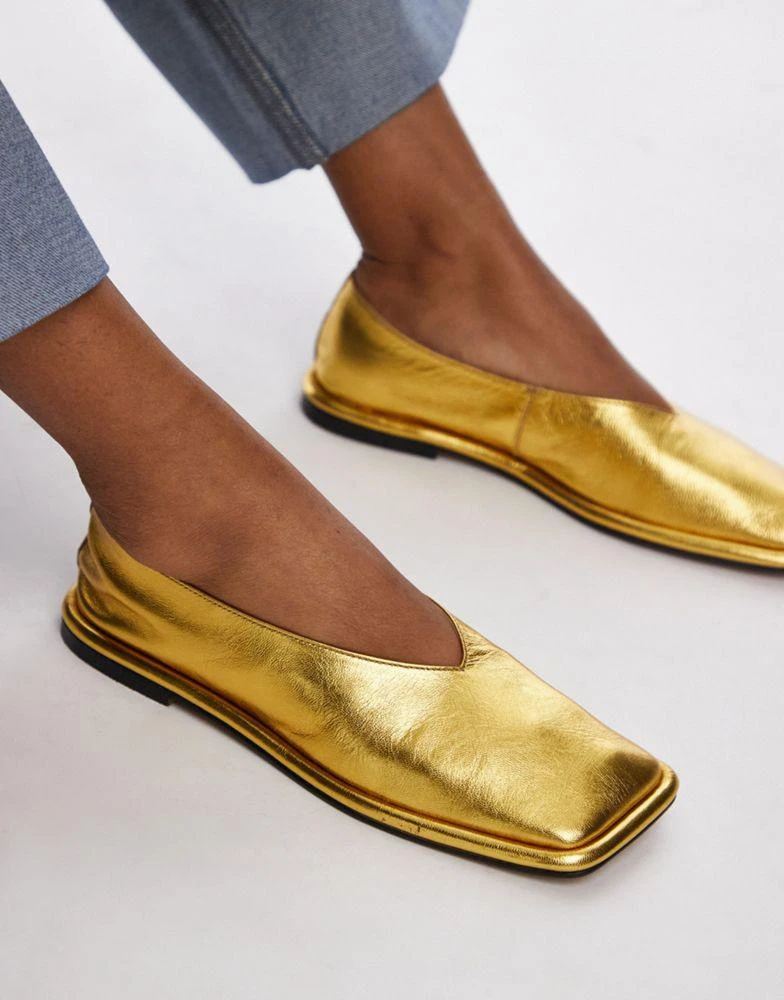 Topshop Topshop Charlotte leather square toe unlined flat shoes in gold 3