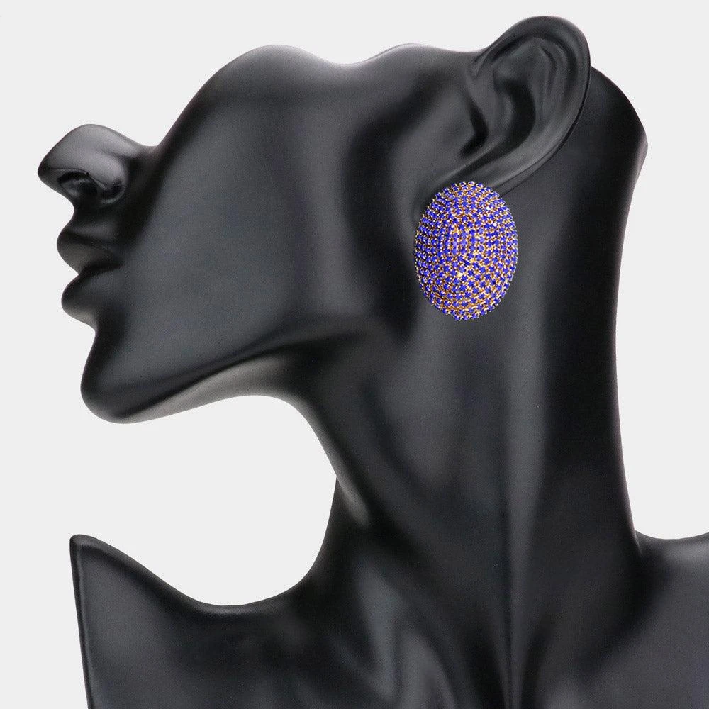 FASHNZFAB Bling Studded Oval Evening Earrings - Gold, Sapphire