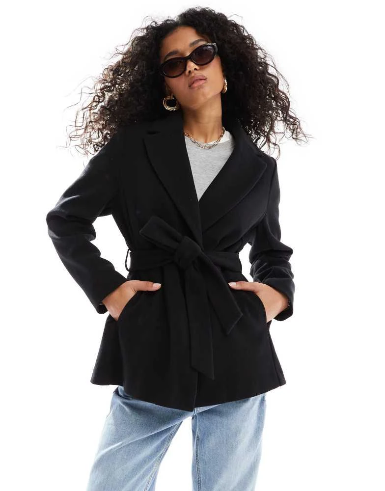New Look New Look short belted coat in black 1