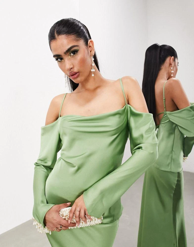 ASOS ASOS EDITION drapey long sleeve cold shoulder top in green 3