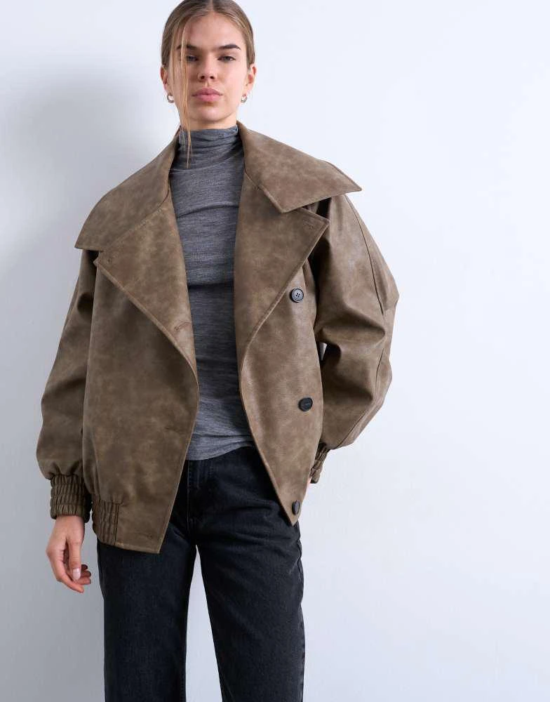 Topshop Topshop faux leather asymmetric oversized bomber with funnel neck in washed brown