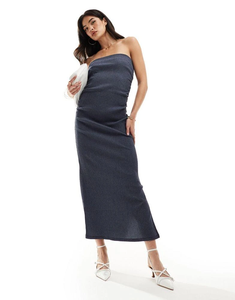 Y.A.S. Y.A.S stretch textured denim look beandeau maxi dress in dark blue 1