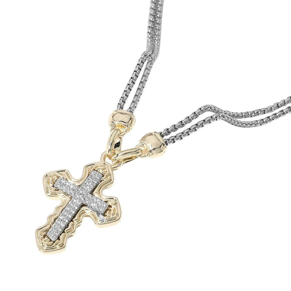 FASHNZFAB 14K Gold Plated CZ Stone Paved Cross Pendant Double Chain Necklace 2