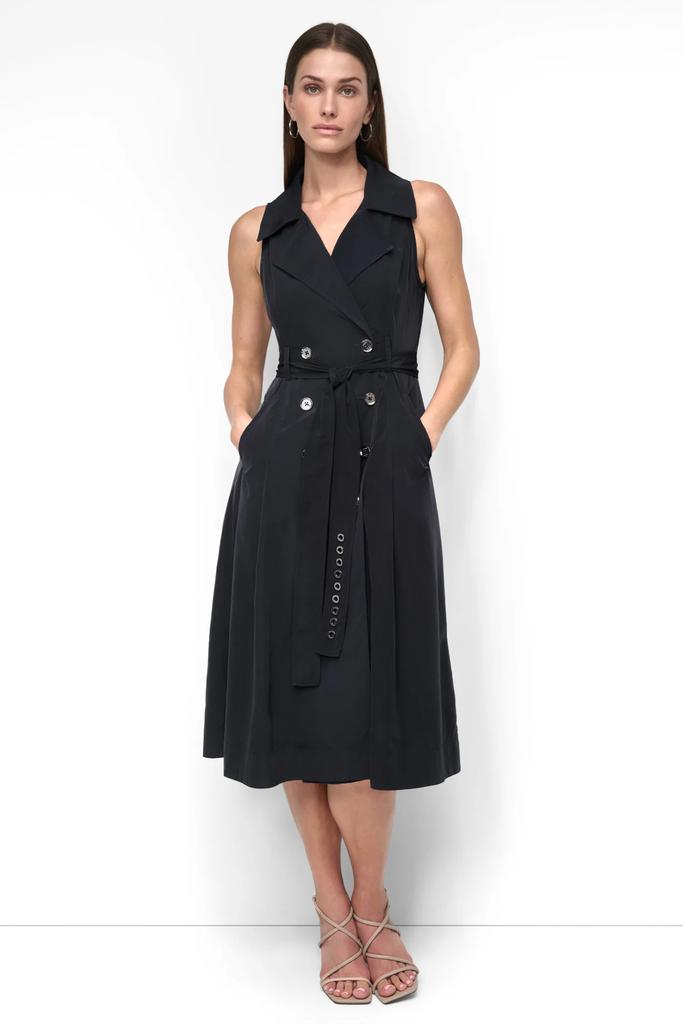 DKNY SLEEVELESS TECH COTTON BELTED MIDI DRESS