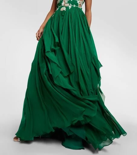 Costarellos Embroidered V-neck draped silk gown 5