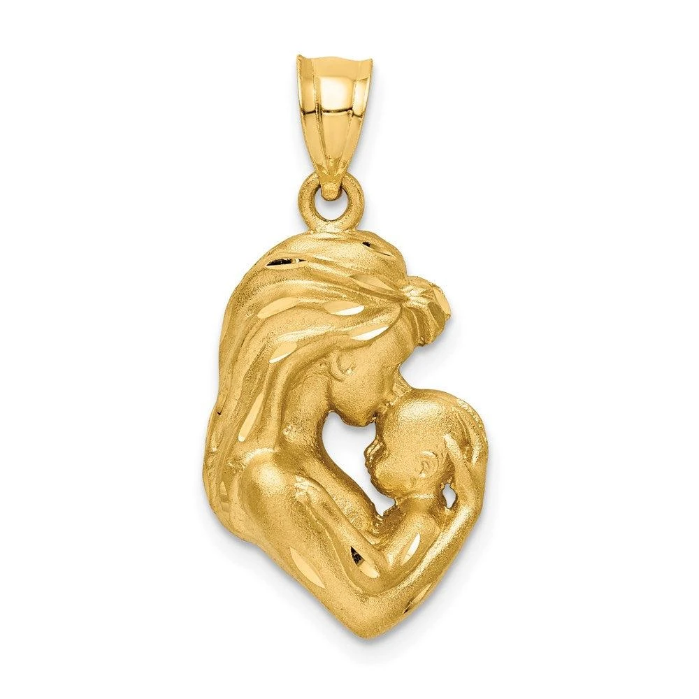 Diamond2Deal 14k Yellow Gold Brushed Diamond-cut Mom and Baby Pendant 1