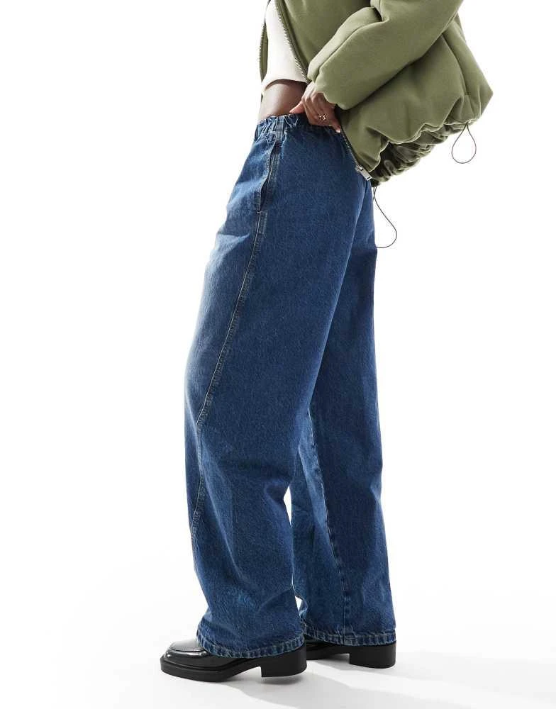 ASOS ASOS DESIGN pull on barrel leg jeans in clean mid blue 2