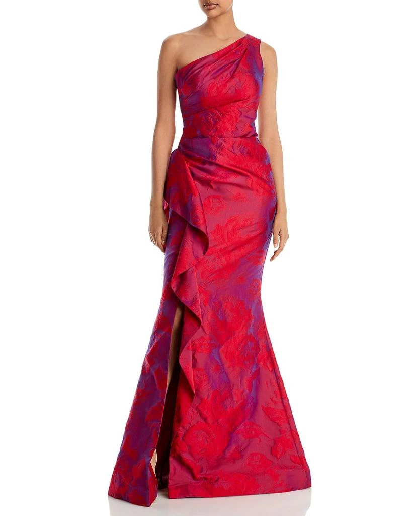 Teri Jon One Shoulder Printed Jacquard Gown 1