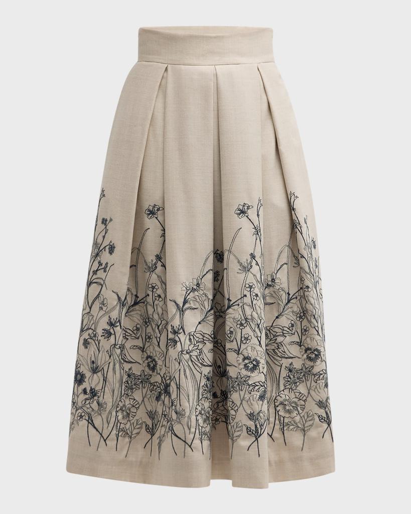 Eleventy Pleated Floral-Embroidered Midi Skirt