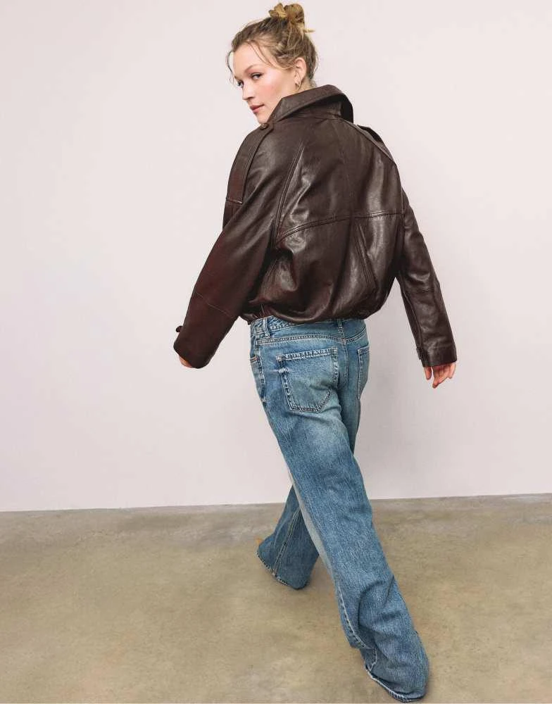 Stradivarius Stradivarius Oversize 100% leather trench coat in brown 3