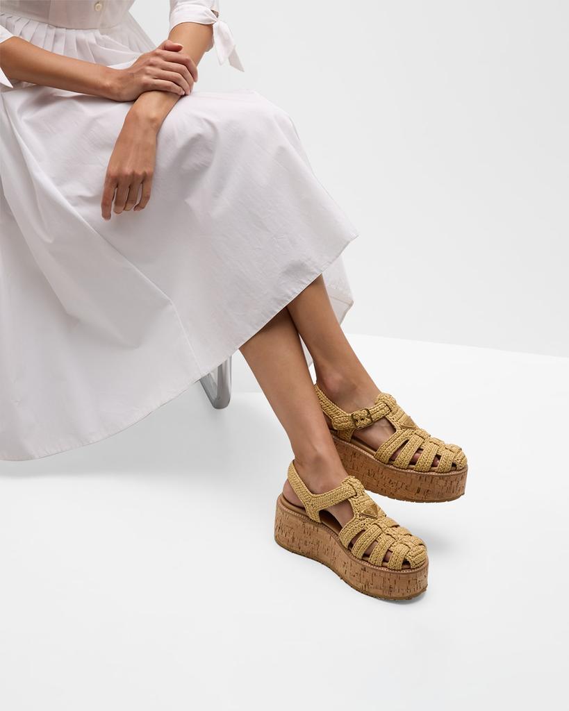 Prada Raffia Cork Platform Fisherman Sandals