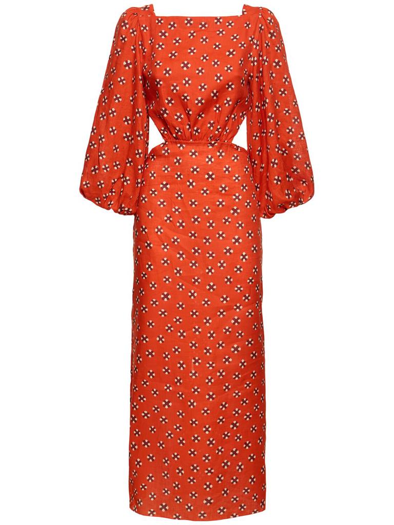 JOHANNA ORTIZ Printed Linen Flared Sleeve Midi Dress