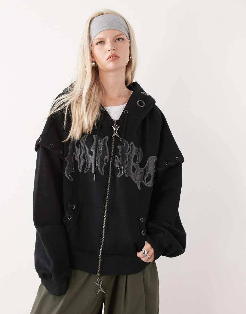 Shop Minga London eyelet patch zip up hoodie in black on Sale at