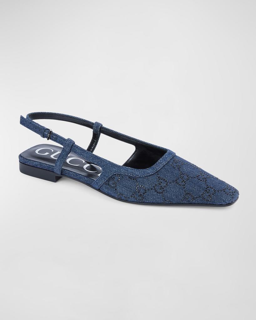 Gucci Demi Crystal GG Denim Slingback Ballerina Flats
