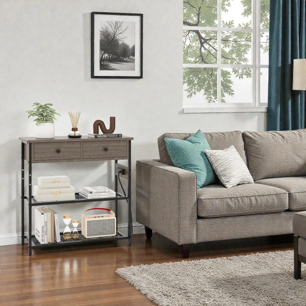 Hivvago Space-Saving Console with Drawers and Industrial Metal Mesh Shelving