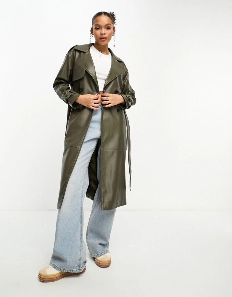 Pull&Bear Pull&Bear belted faux leather trench coat in khaki 4