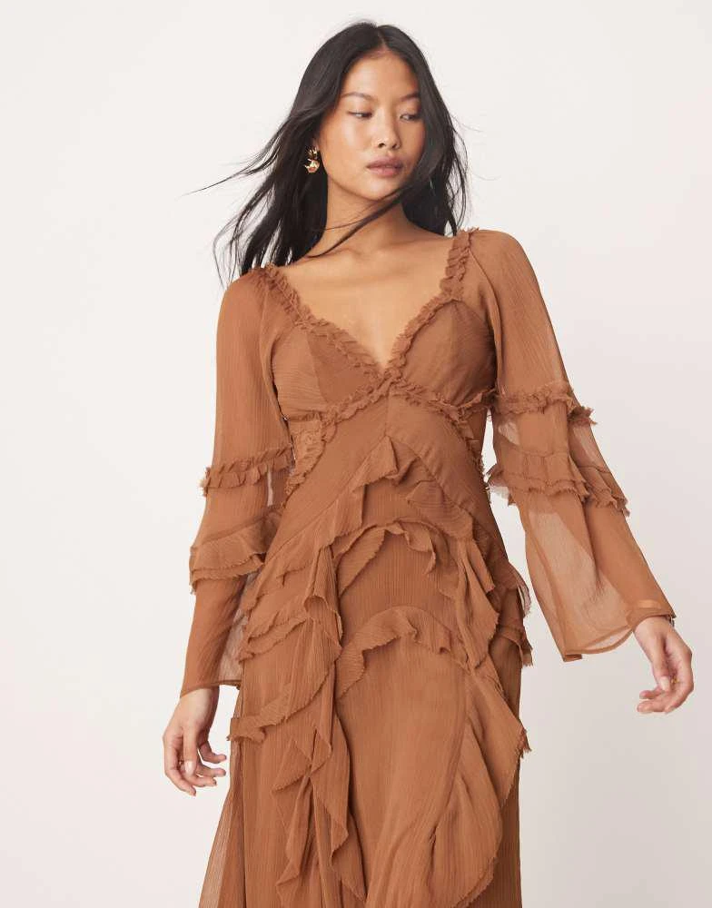 ASOS ASOS DESIGN Petite ruffle v neck long sleeve maxi dress in brown 3